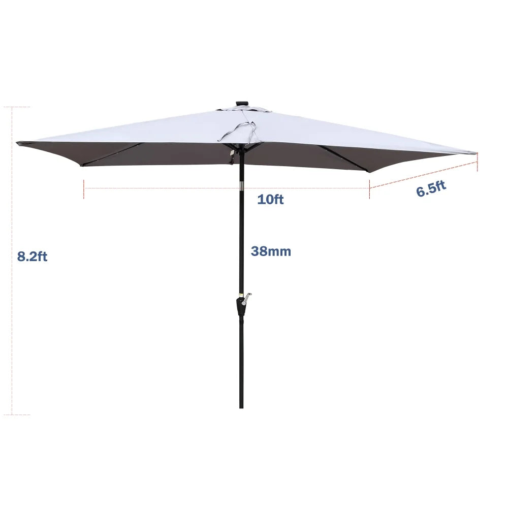 10 x 6.5t Patio Umbrella,Rectangular Picnic Table Umbrella,6-8 Chairs Tilt Umbrella with 26 LED Lights,Waterproof Umbrella Sunshade with Crank and Push Button Tilt for Garden Backyard Pool,LIGHT GREY