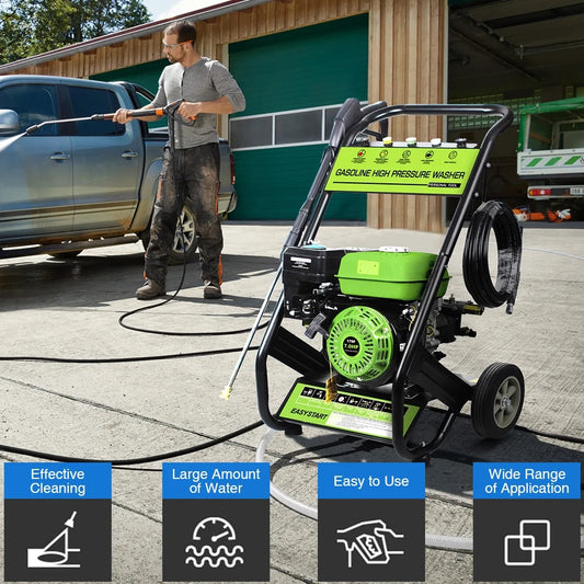 Yardmaster Gas Pressure Washer, 2600PSI 1.7GPM Power Washer for Patio& Garden, 4800W Pressure Washer with 25' High-Pressure Hose, 5 Nozzle, Soap Tank & Spray Gun, Black& Green