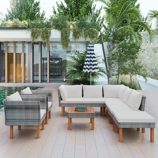 CoSoTower 9-Piece Outdoor Patio Garden Wicker Sofa Set, Gray PE Rattan Sofa Set, with Wood Legs, Acacia Wood Tabletop, Armrest Chairs with Beige Cushions