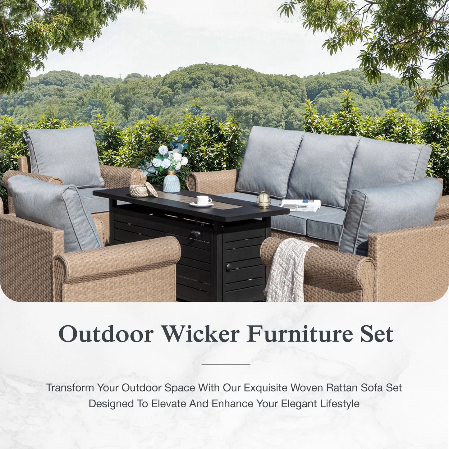 Sophia & William 6 Pieces Wicker Patio Furniture Set 7-Seat Outdoor Cushioned Conversation Set with Coffe Table, Beige