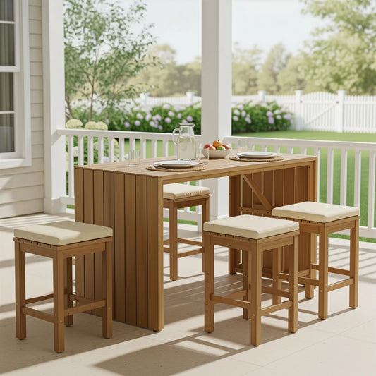 Segmart 5-Piece Acacia Wood Outdoor Bar Set with Beige Cushions, Bar Height Table and 4 Stools for Patio, Backyard, Poolside
