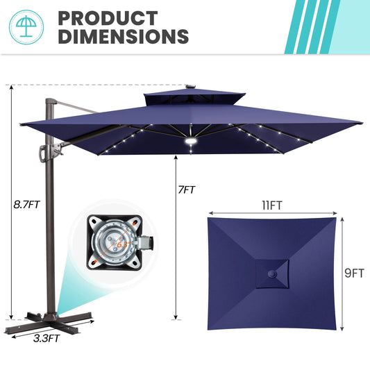 11FT Double Top Cantilever Umbrella Outdoor 360° Rotation 6 Heights Adjustable Offset Umbrella Metal Pole Cantilever Patio Umbrella With Light