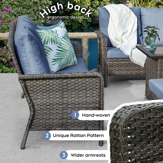 Brafab 7 Seat Outdoor Patio Furniture Set with 44" Gas Fire Pit Table, PE Wicker Patio Conversation Sets Cushioned Seat Couch Outdoor Sectional Chair Sofa Set for Yard Garden Porch