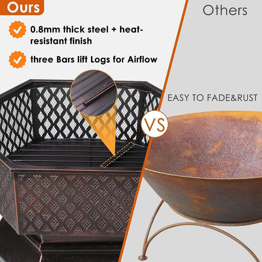 Arlopu 30'' Hex Shaped Steel Fire Pit for Outside, Wood Burning Fireplace Fire Bowl with Spark Screen & Fire Poker for Patio, Backyard, Camping