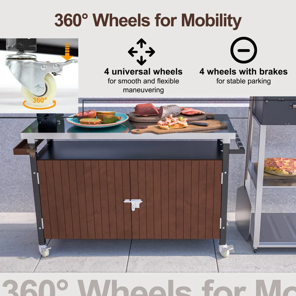 IVV BBQ Grill Storage Cart/Bin, Outdoor Storage Cabinet on Wheels, Metal Kitchen Dining Table Cooking Prep Table with Wheels, Hooks, and Spice Rack, for Patio Island Home Party Bar (Brown)