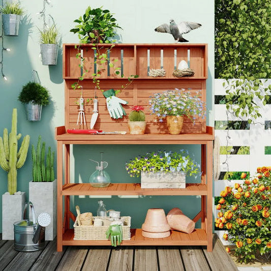 65? Large Natural Wooden Farmhouse Rustic Outdoor Potting Bench - The Ideal Patio Workstation
