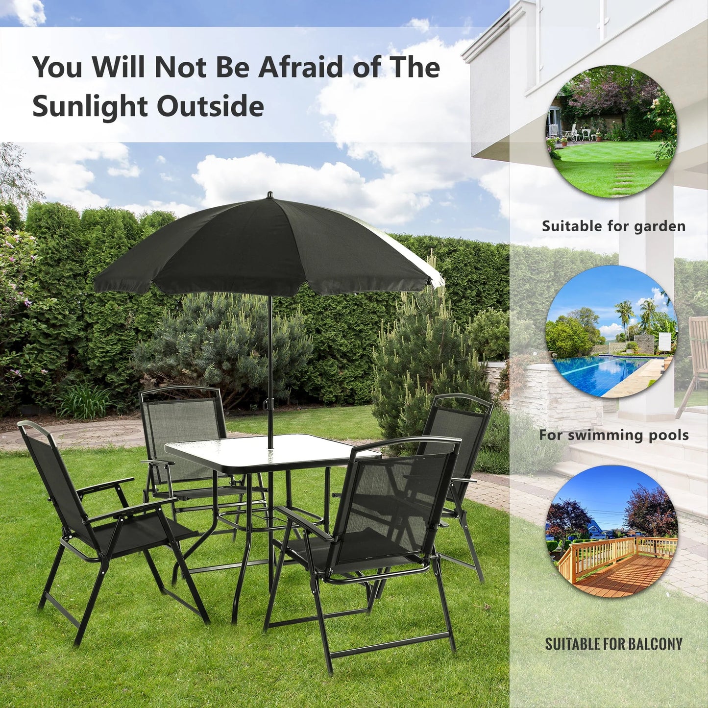 Sobaniilo 6 Piece Folding Outdoor Dining Set for 4, Metal Patio Garden Patio Furniture Table and Chair Set with Umbrella, Black