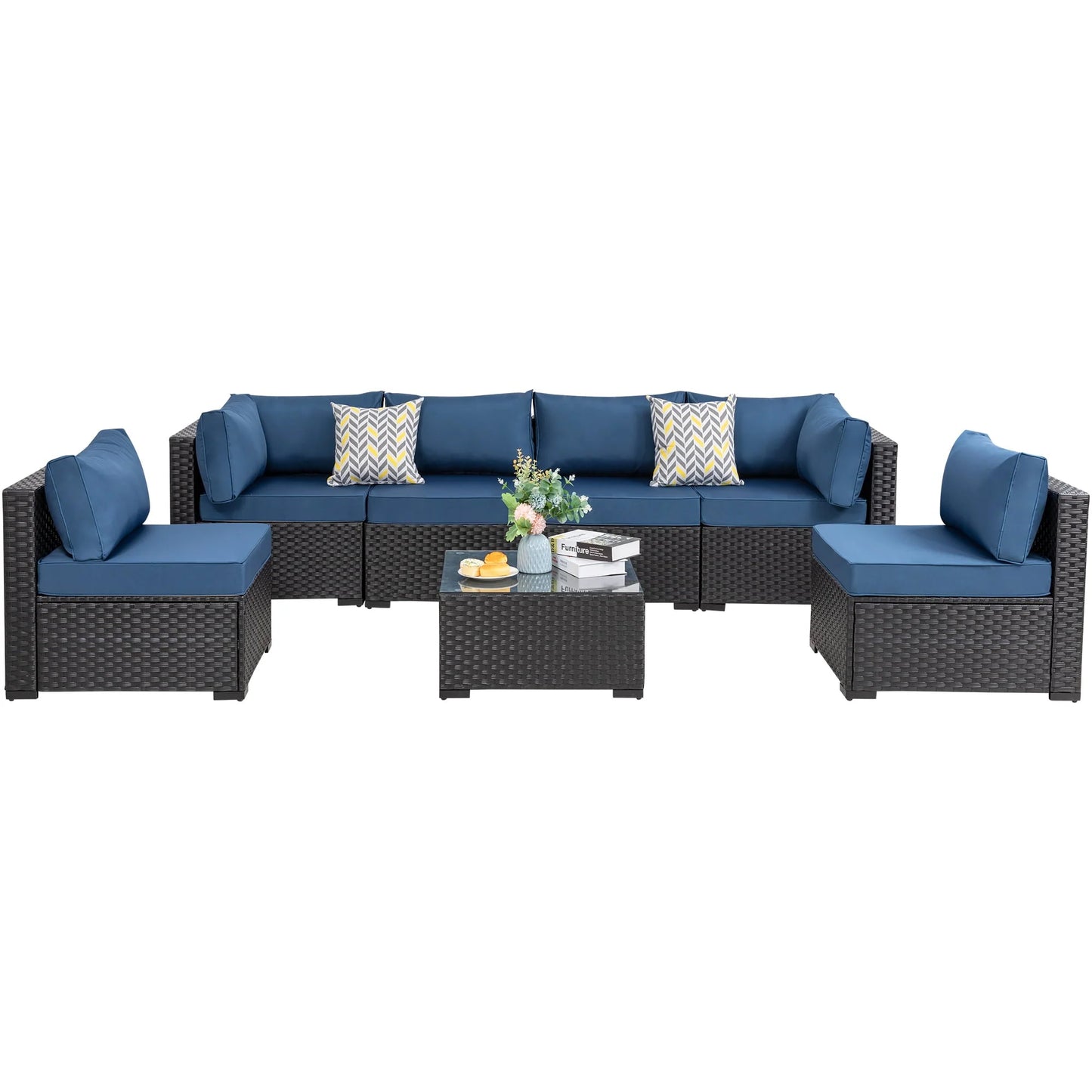 Walsunny 7 Pieces Outdoor Sectional Sofa Furniture Sets, All-Weather Black Wicker Patio Furniture Sets with Tea Table and Washable Couch Cushions Aegean Blue