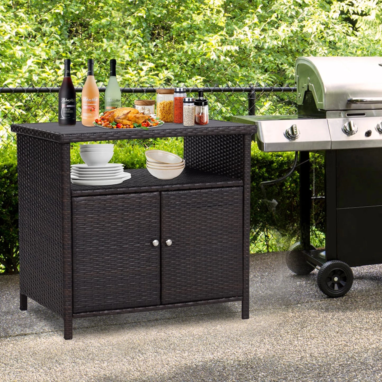 Kinbor Outdoor Wicker Storage Cabinet, Patio Bar Tables with Two Doors & Shelves, Weatherproof Storage Console Table, Dark Brown