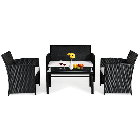 Gymax 4PCS Rattan Patio Conversation Set Outdoor w/Coffee Table Cushioned Sofa