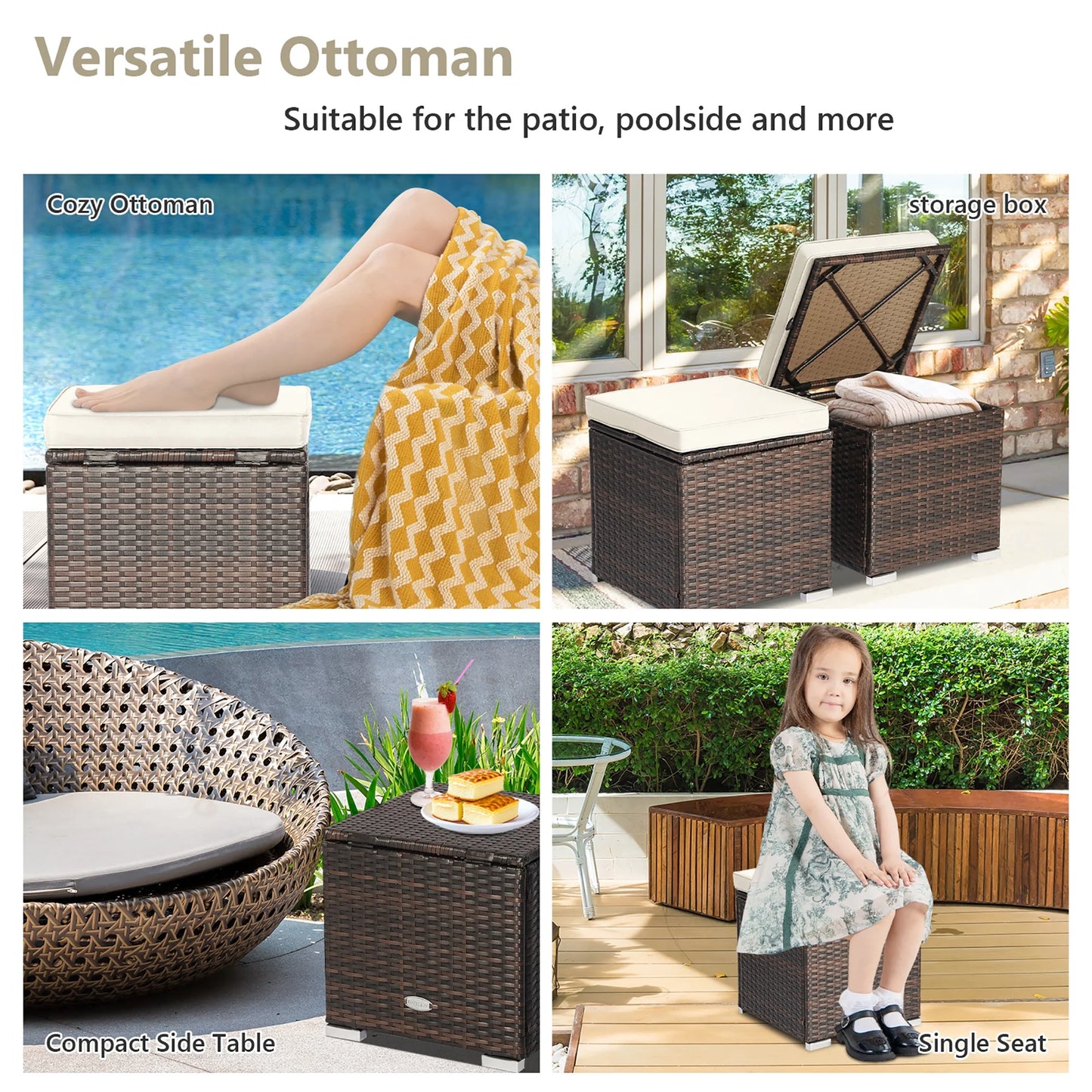 Costway 2PC Patio Rattan Ottoman Seat Side Table Storage Box Footrest Off White