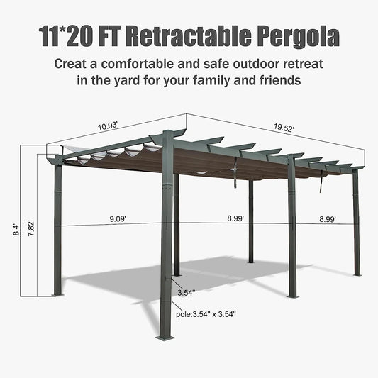 Domi Outdoor Living 11' X 20' Outdoor Pergola with Retractable Canopy Aluminum Shelter Sun Shade Beach Pavilion Grape Trellis Grill Gazebo for Patio, Backyard and Lawn, Gray