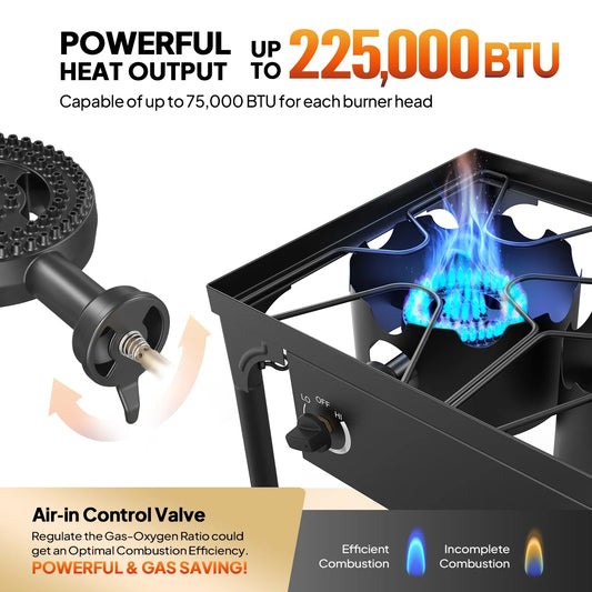 VINGLI 3 Burner High Pressure Outdoor Camping Burner, 225,000 BTU Propane Gas Stove with CSA Listed Regulator, Picnic Cooker Perfect for Home Brewing Maple Syrup Patio Turkey Frying Canning