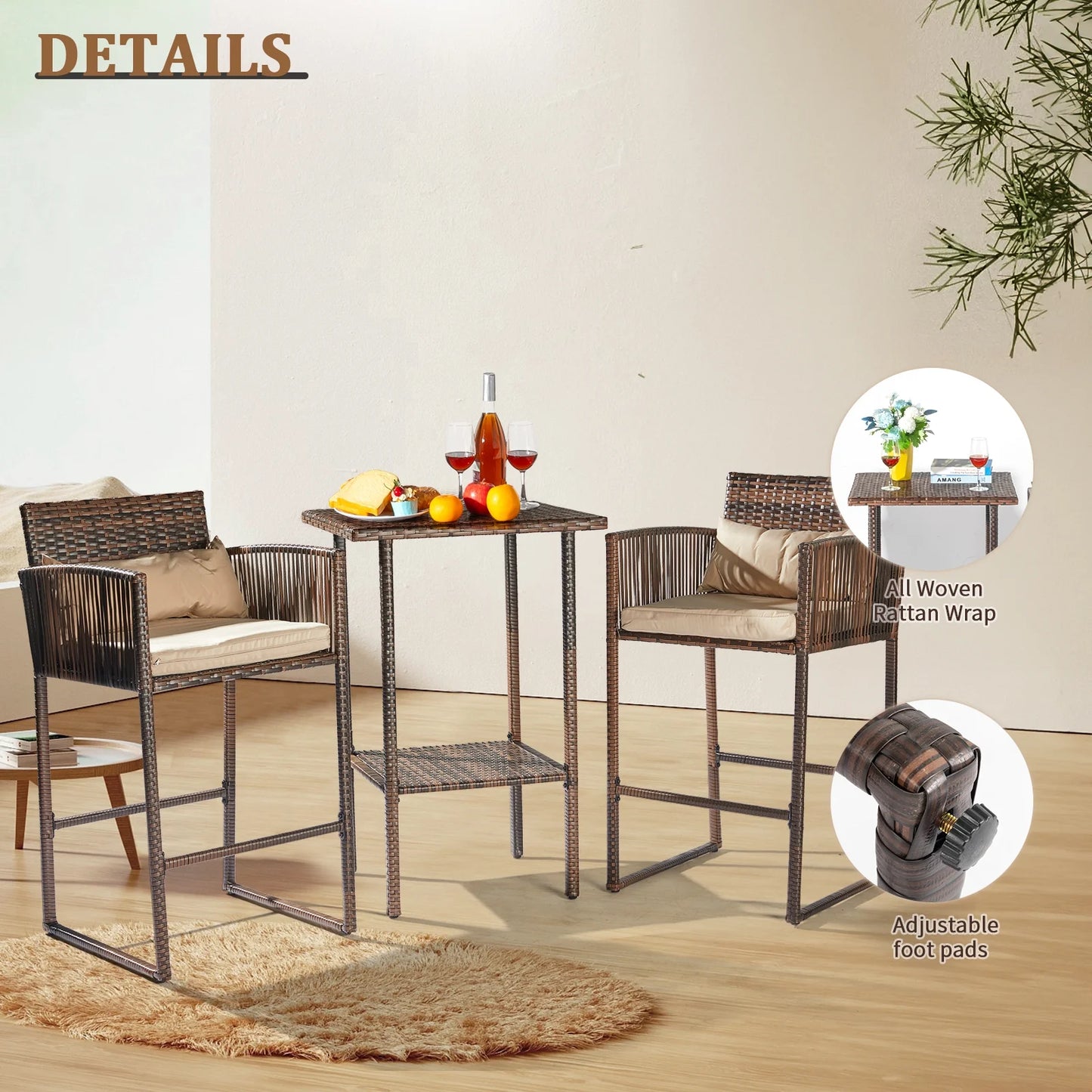 Ktaxon 3 Pcs Wicker Bar Set for Outdoor, Garden, Deck, Rattan Conversatuon Set w/Cushion, Patio Furniture Set, Brown