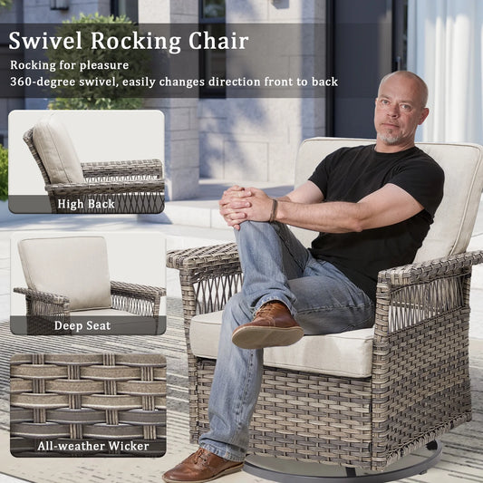 Feishominhoo Outdoor Swivel Rocker Patio Chairs,Gray Wicker Rocking Glider Chairs Set of 2 with Ottomans, Side Table and Beige Cushions Outdoor Patio Furniture for Balcony Porch Deck