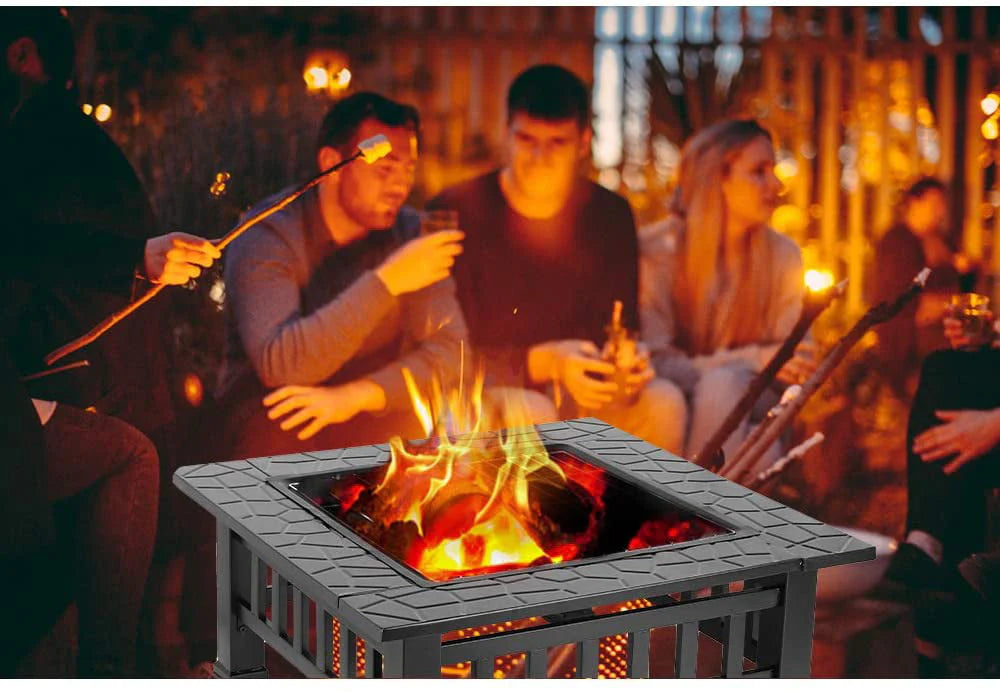 LAZY BUDDY Steel Fire Pits for Outside, 32'' Square Wood Burning Fire Pit Table, Outdoor Patio BBQ Firepit Bonfire Party