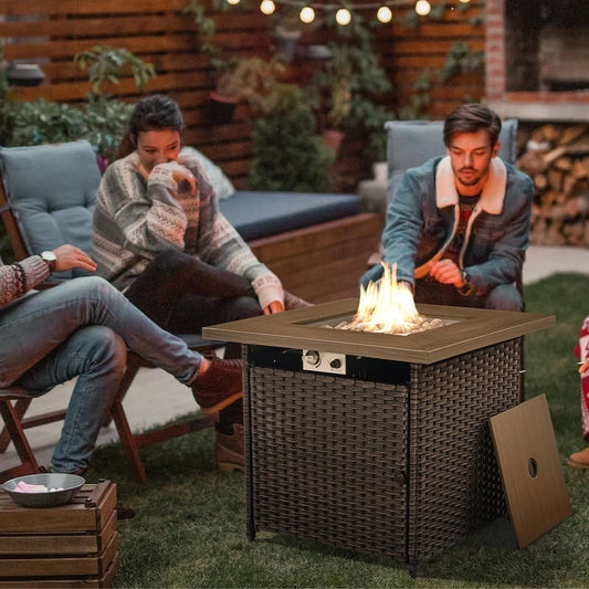 PARKWELL Outdoor Fire Pit 30" Square 50000 BTU Patio Propane Gas Fire Pit Table with Lava Rocks and Lid,Brown Wicker Firepit Faux Wood Tabletop