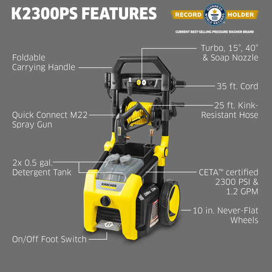 K?rcher Pressure Washer K2300PS, CETA Certified, 4 Spray Nozzles, Detergent Tank, Hose Reel, For Cars, Driveways, Siding, Patios, 1.2 GPM