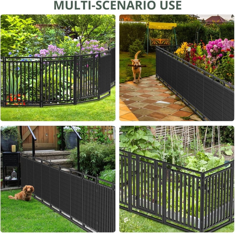 Petorldog Decorative Garden Fence Metal Dog Fence Outdoor for Yard, 36ft (L) x 40in (H), 14 Panels + 2 Gates, No Dig Fence for Patio | Black-Silver