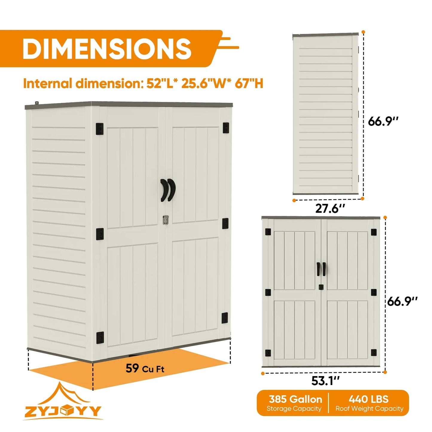 ZYJOYY 60 Cu.Ft Large Outdoor Shed with Floor, Lockable & Waterproof Patio Storage Cabinet for Garden Tools, Pool Supplies & Lawn Equipment, Grey