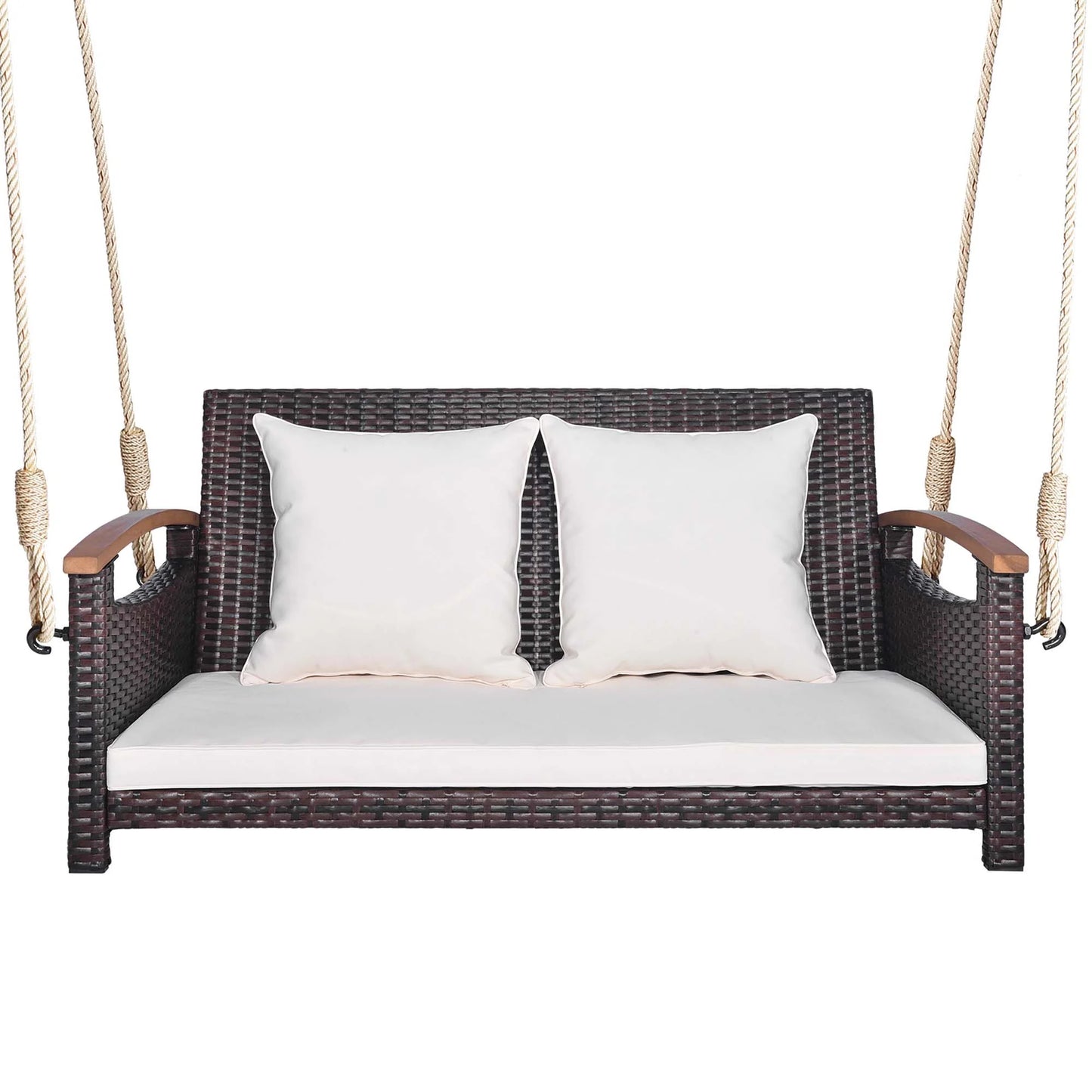 Costway Patio Rattan Porch Swing 2-Person Hanging Chair Cushioned Loveseat for Backyard