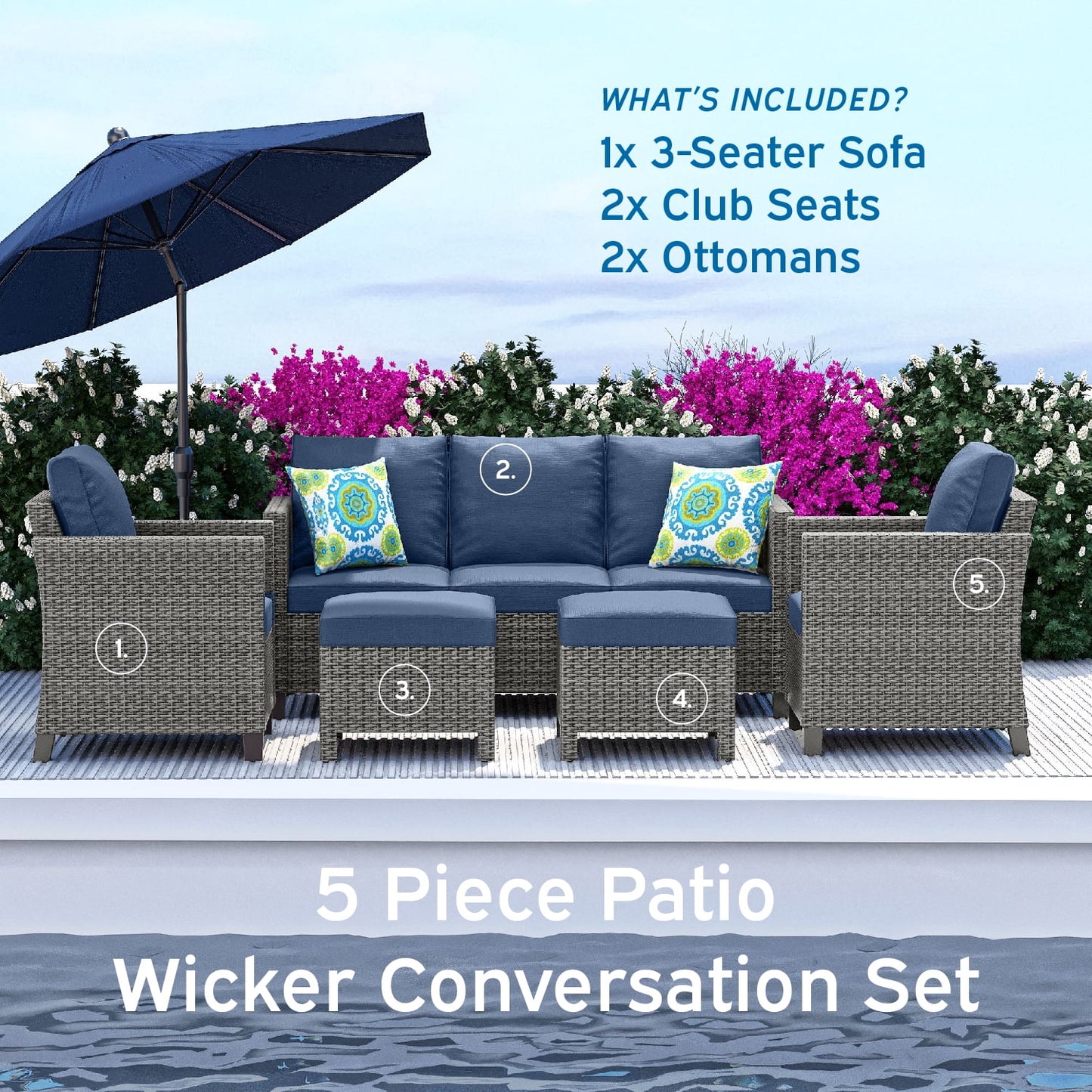 Hearth & Harbor 5-Piece Outdoor Patio Furniture Set, Wicker Patio Conversation Set, Sectional Sofa, Black/Off White