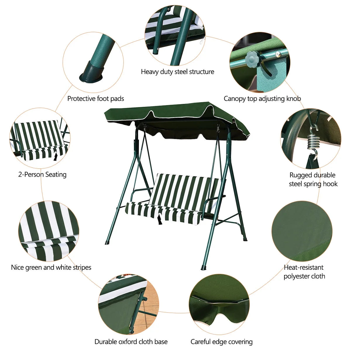 Costway Loveseat Patio Canopy Swing Glider Hammock Cushioned Steel Frame Outdoor Green