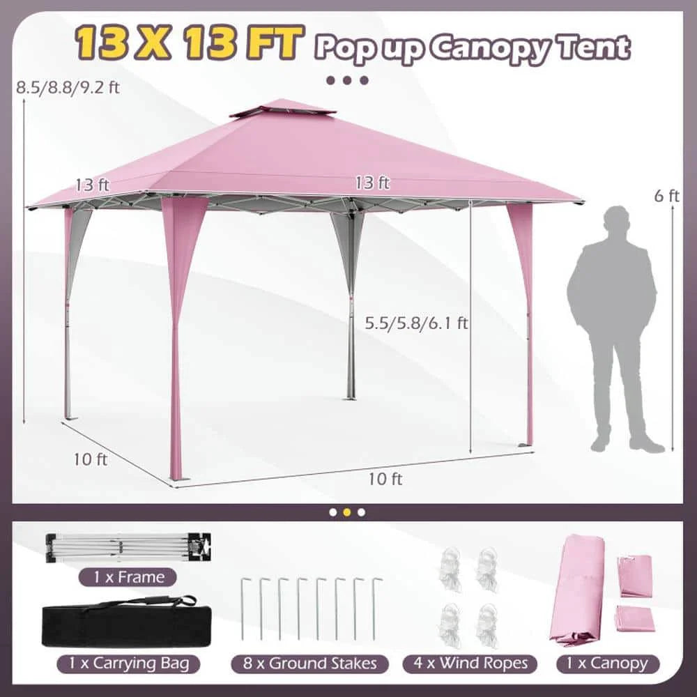 Spaco 13 X 13 FT Pop up Canopy Tent, Canopy with Portable Carrying Bag 8 Stakes and 4 Wind Ropes for Patio, Garden, Backyard, Pink