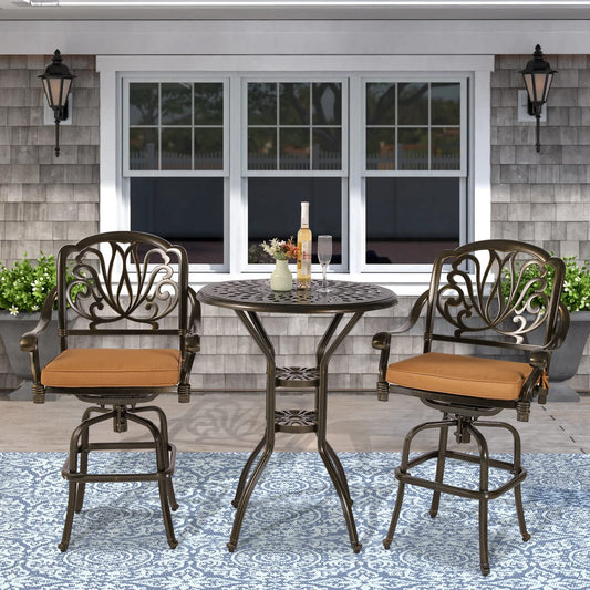 VIVIJASON 30.8" Round Cast Aluminum Patio Bar Table with Umbrella Hole, Antique Bronze