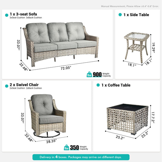 Vcatnet Outdoor Patio Furniture with Swivel Rockers 5 Pieces Sectional Sofa All Weather Wicker High-Back Conversation Set with Coffee Table, Dark Gray
