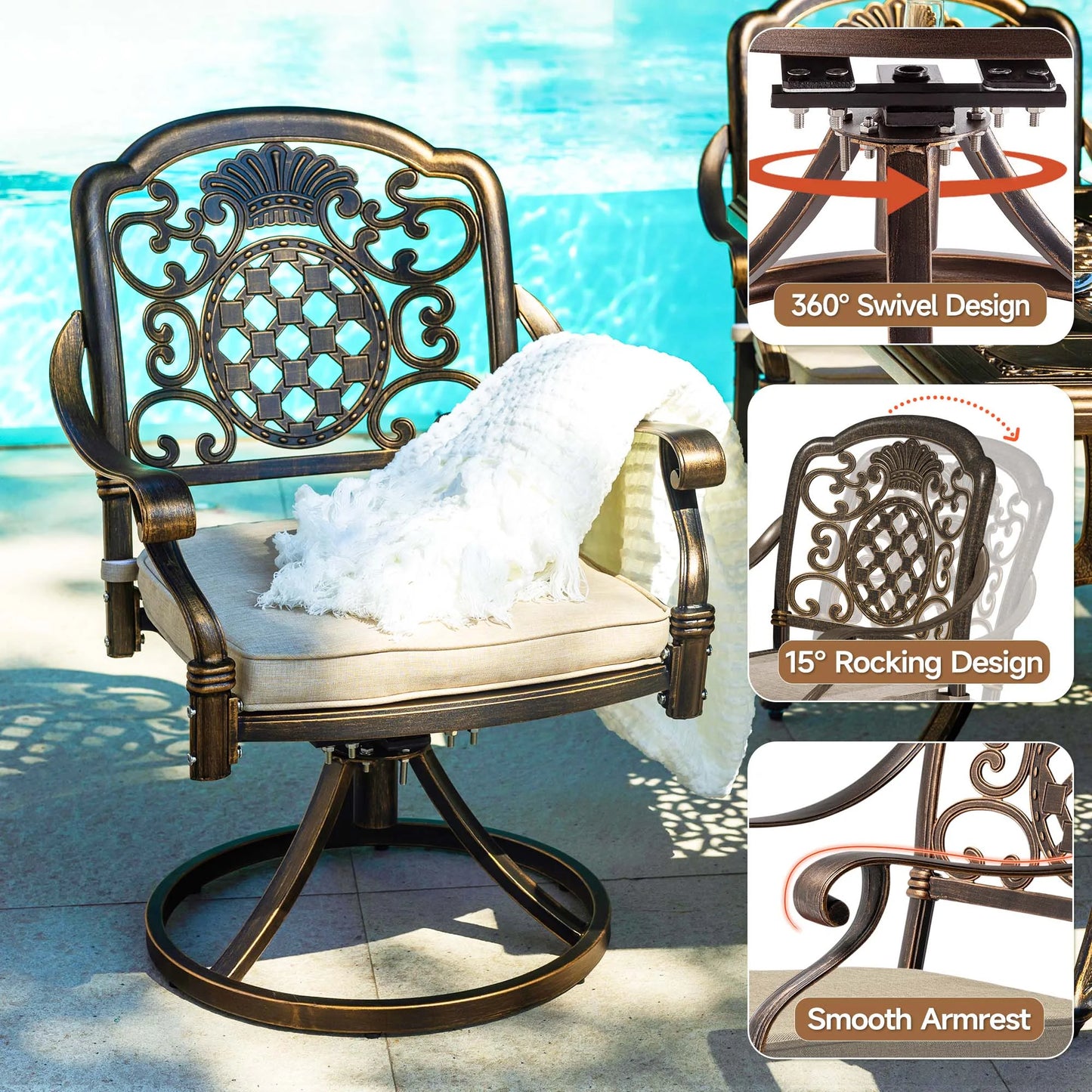 7-Piece Patio Furniture Dining Set, All-Weather Cast Aluminum Outdoor Table and Chairs for 6, Includes 4 Dining Chair & 2 Swivel Chairs & 60? Rectangular Table, Beige