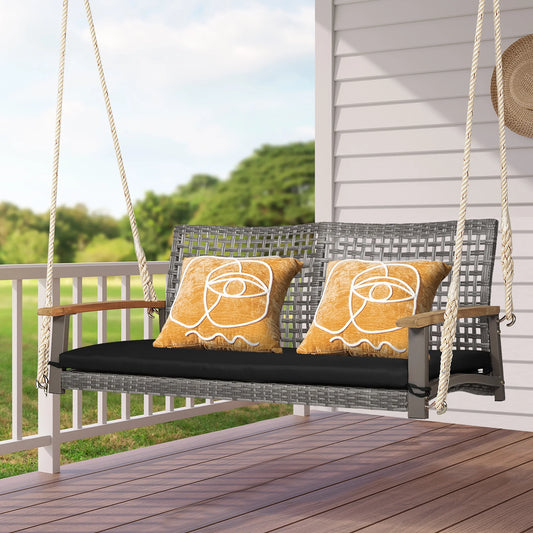 Costway 2-Person Patio Wicker Hanging Swing Chair Loveseat Cushion Porch Black