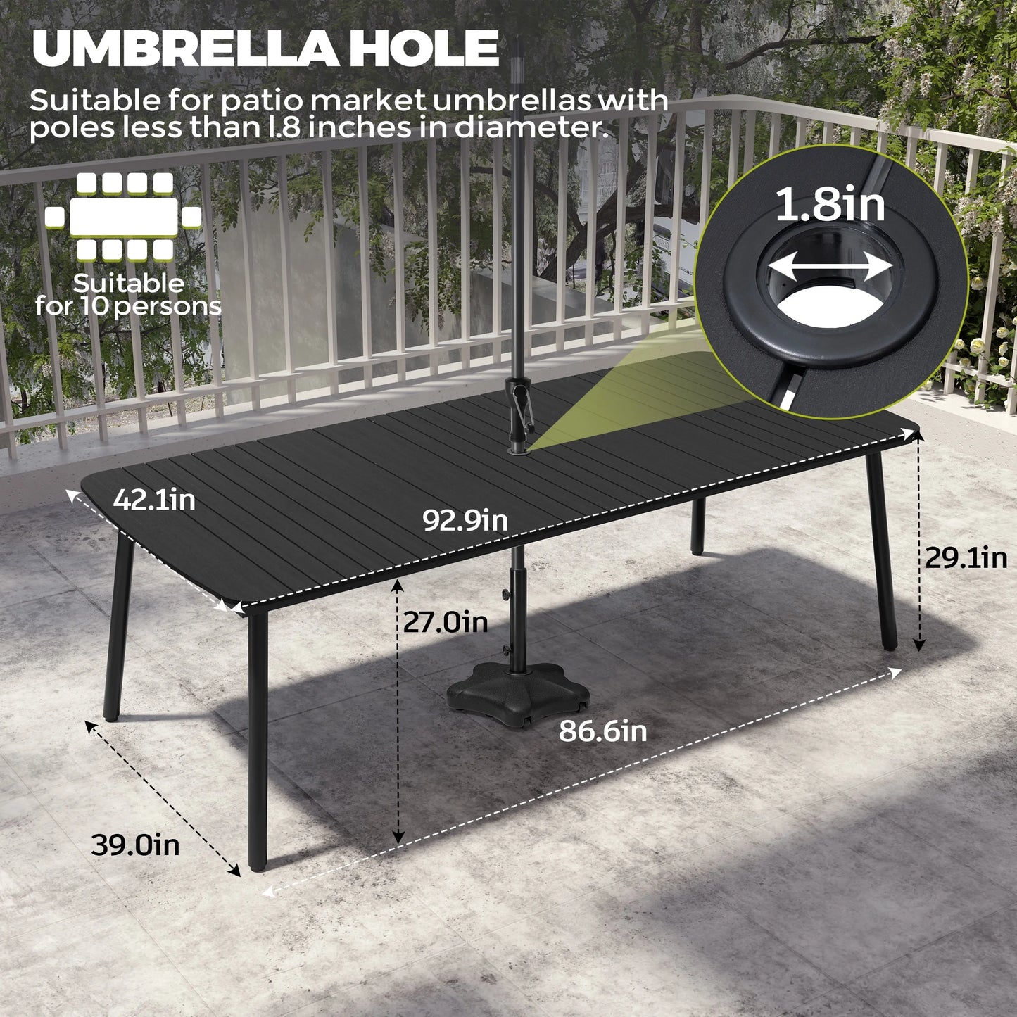 Pellebant 93" Outdoor Dining Table for 8–10 People, Patio Rectangle Table with Wood-Like Tabletop and Umbrella Hole, Aluminum Frame for Garden, Lawn, or Backyard, Brown