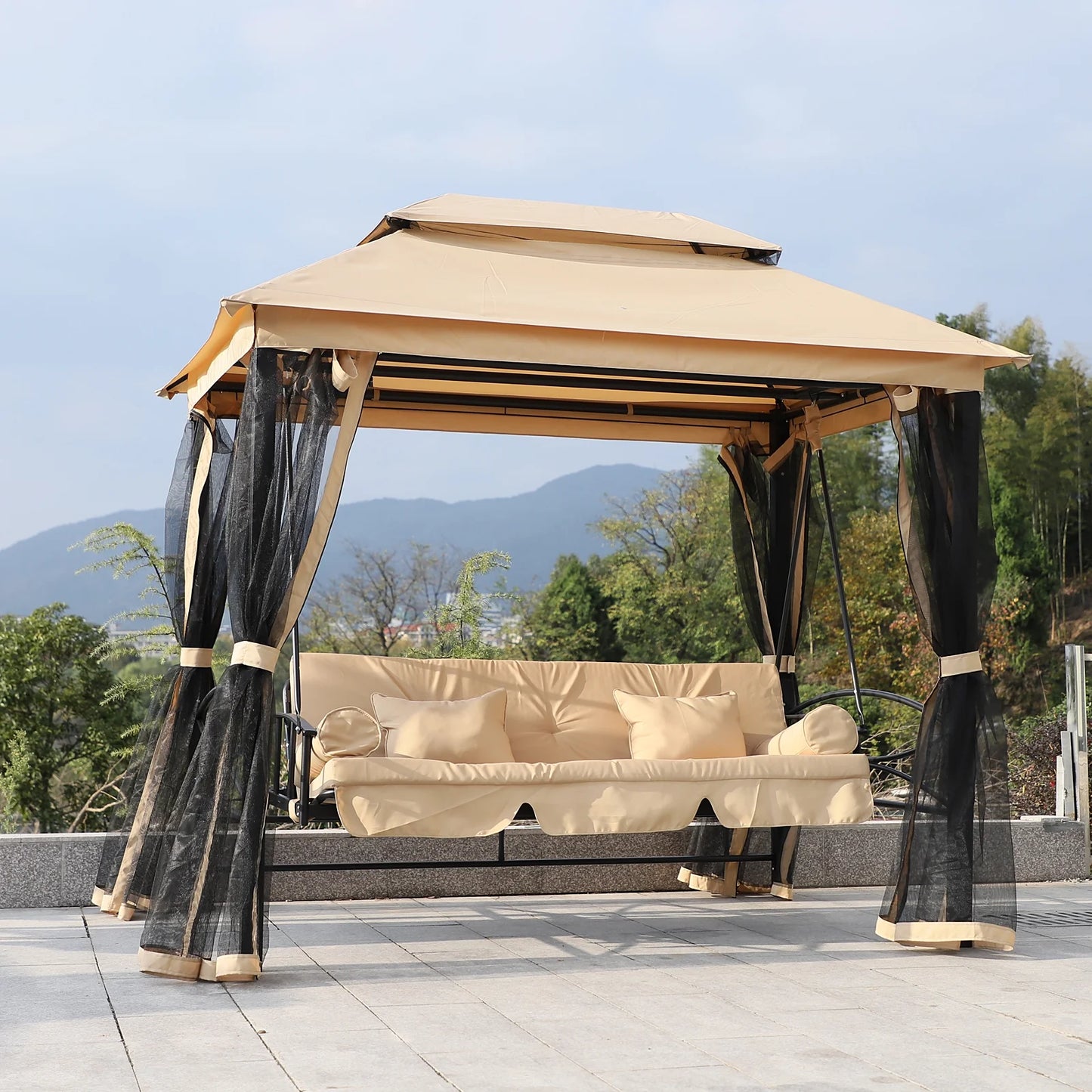 Outsunny 3 Person Patio Swing Chair, Gazebo Swing with Double Tier Canopy, Cushioned Seat, Mesh Sidewalls, gray