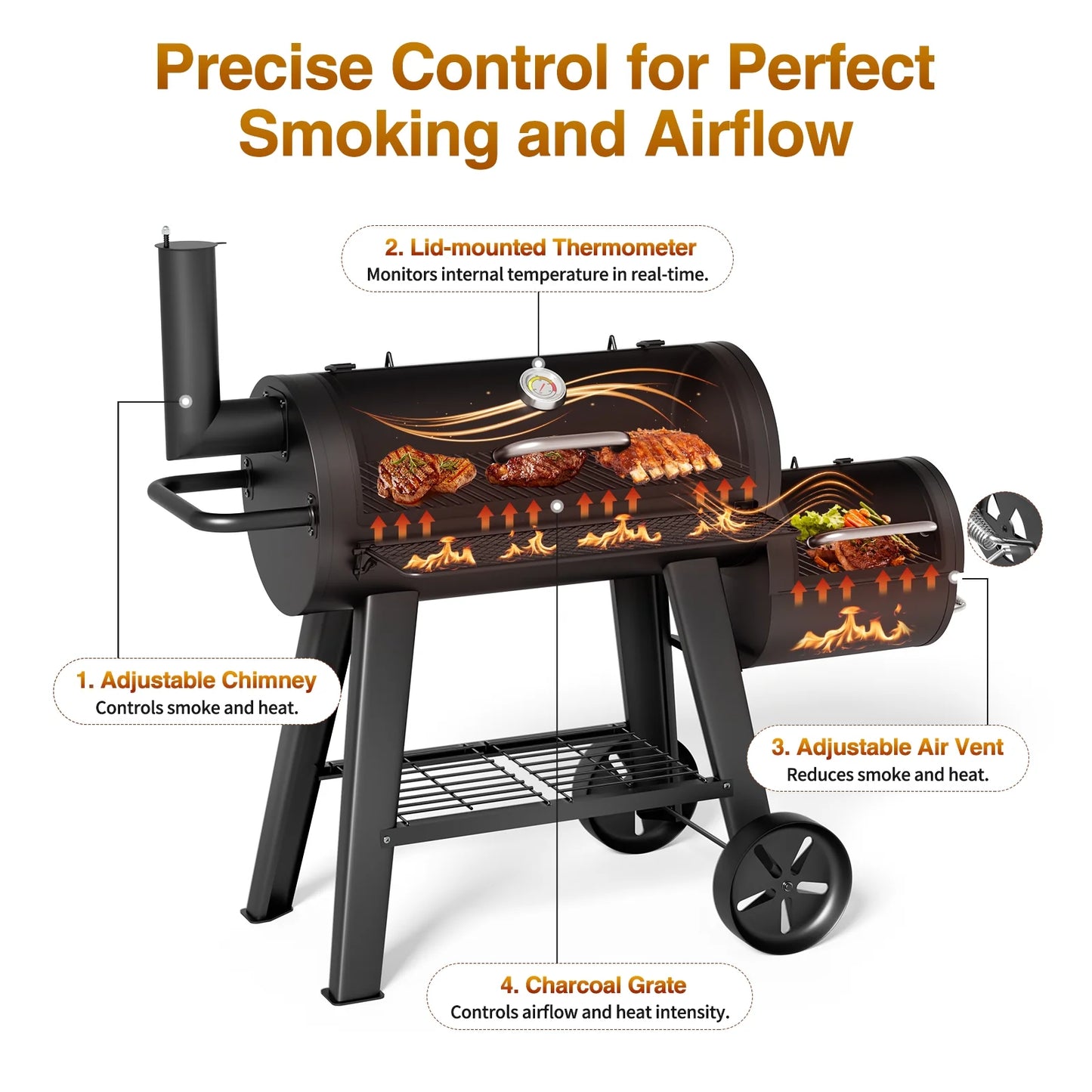 KingChii Heavy Duty Charcoal Grills with Charcoal Wood Offset Smokers for Outdoor Patio BBQ Grilling, 547 SQ.IN.