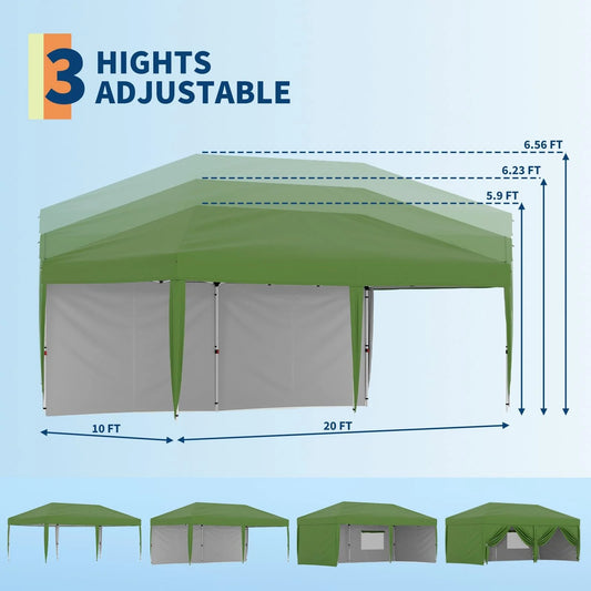 Riedhoff 10'x 20' Pop-up Canopy Tent with 2 Sidewalls,12 Stakes & 6 Sandbags,for Patio,Party,Green