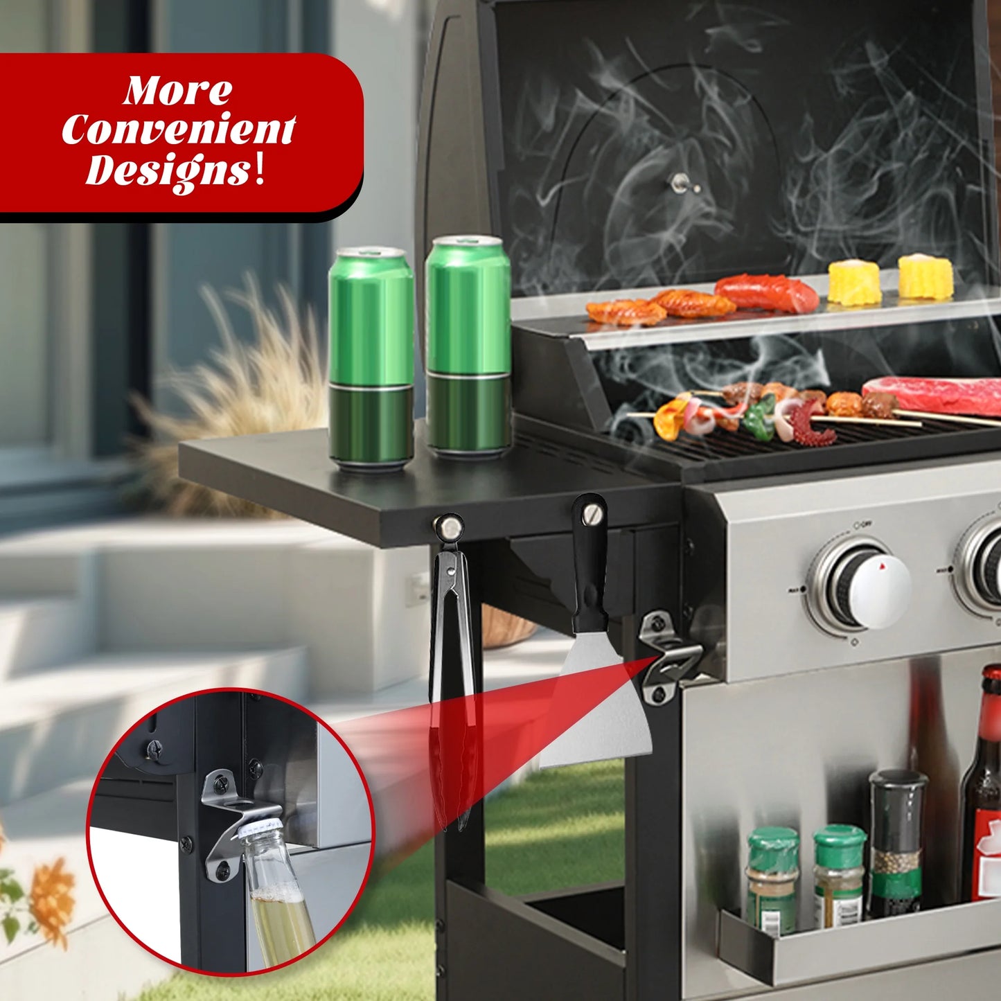 3-Burner Propane Gas Grill with 2 Foldable Side Tables, 30,000 BTU Outdoor BBQ Stainless Steel Grill with Porcelain-Enameled Cast Iron Grates and Thermometer, Easy Assembly for Patio, Backyard BBQ