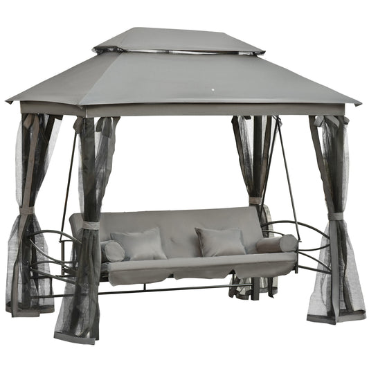 Outsunny 3 Person Patio Swing Chair, Gazebo Swing with Double Tier Canopy, Cushioned Seat, Mesh Sidewalls, gray