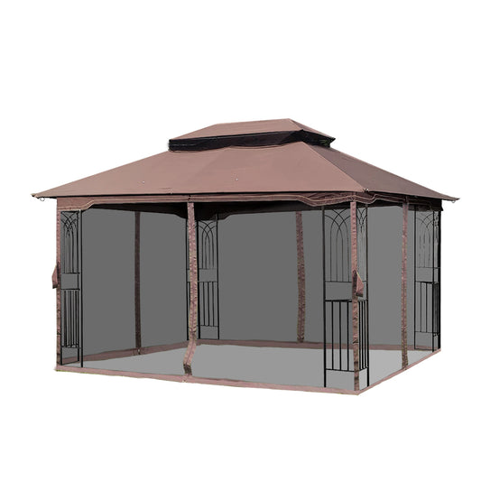 Perfect Garden 13x10ft Patio Gazebo, Metal Frame with Double Roof and Mosquito Net, Brown