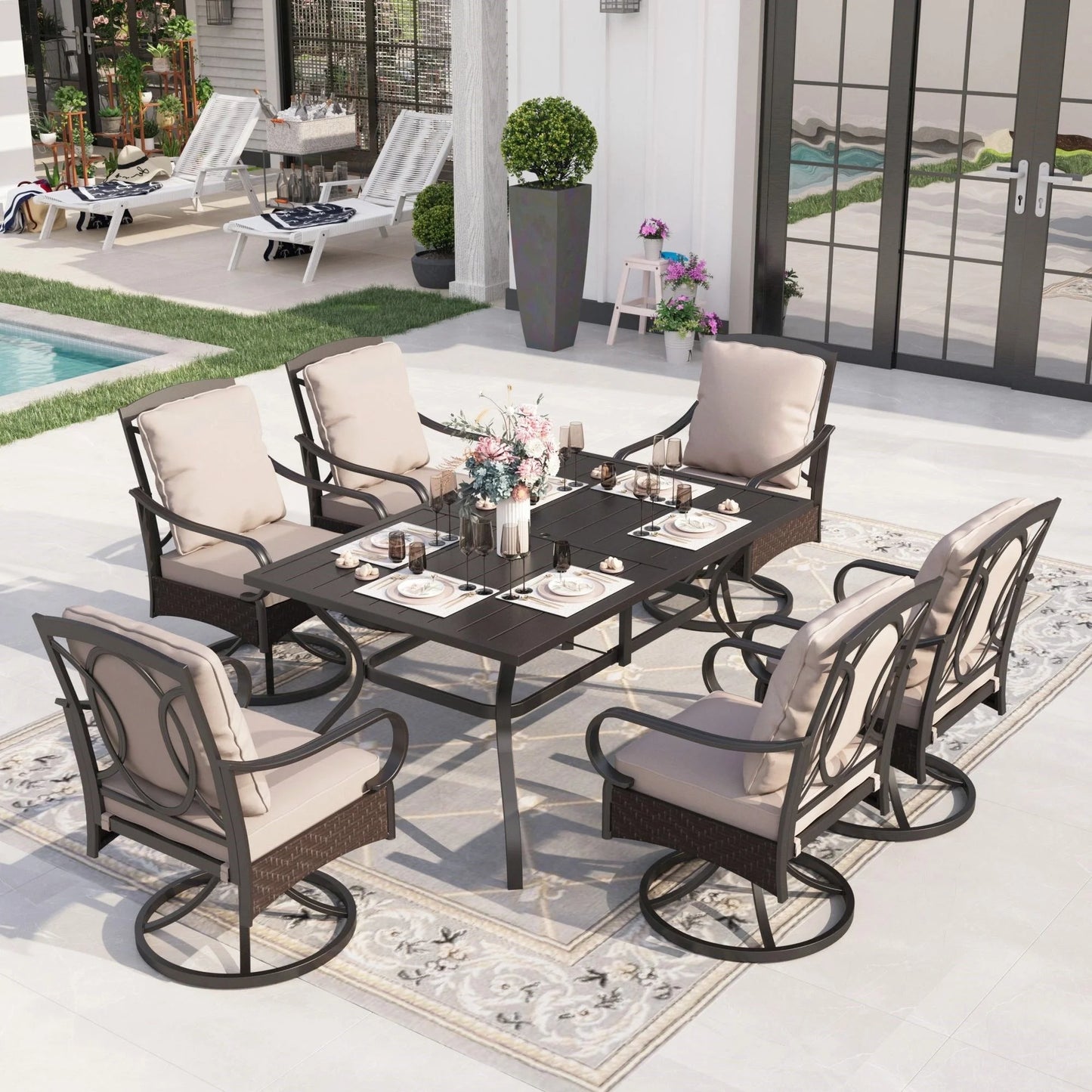 Sophia& William Patio Swivel Dining Chairs Set of 4 with Beige Cushions