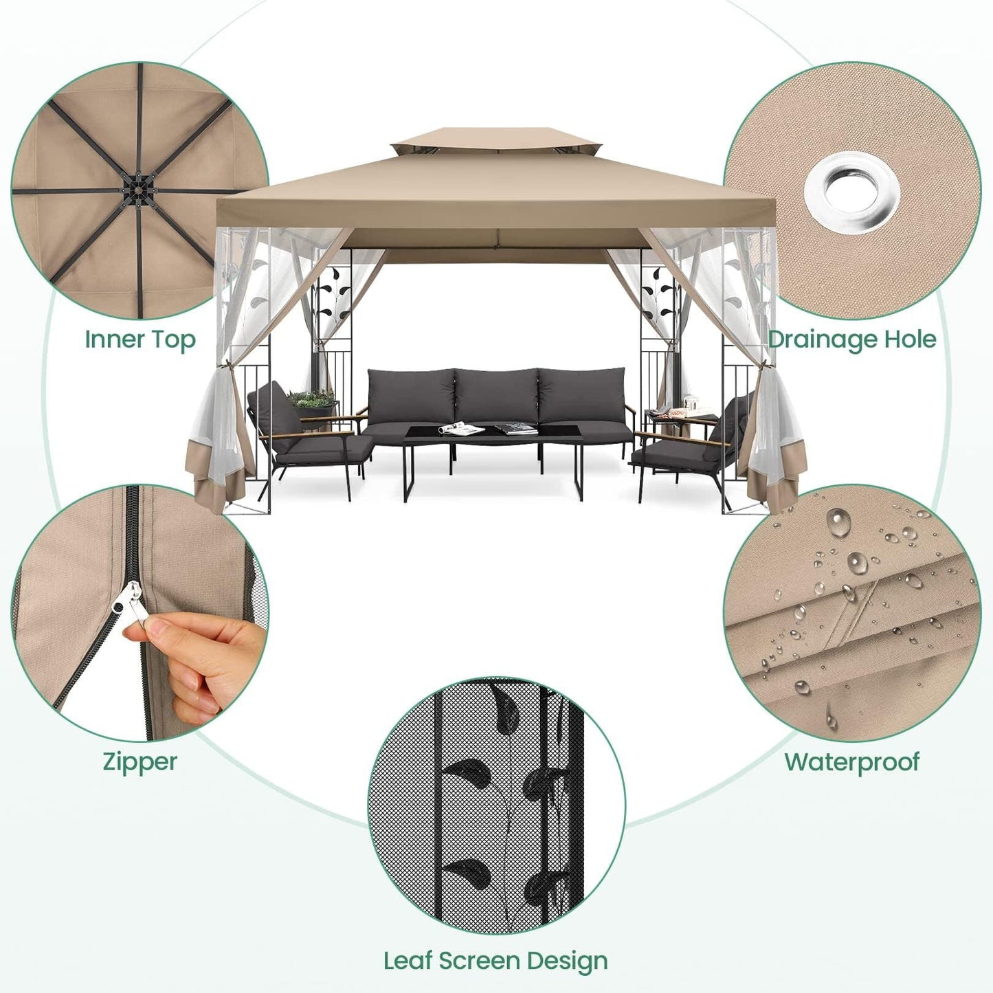 COBIZI Pop-up Gazebo, 10' x 13' Outdoor Steel Double Roof Canopy, Metal Frame Pavilion with Mosquito Netting, Sunshade for Garden, Patio, Lawns, Brown