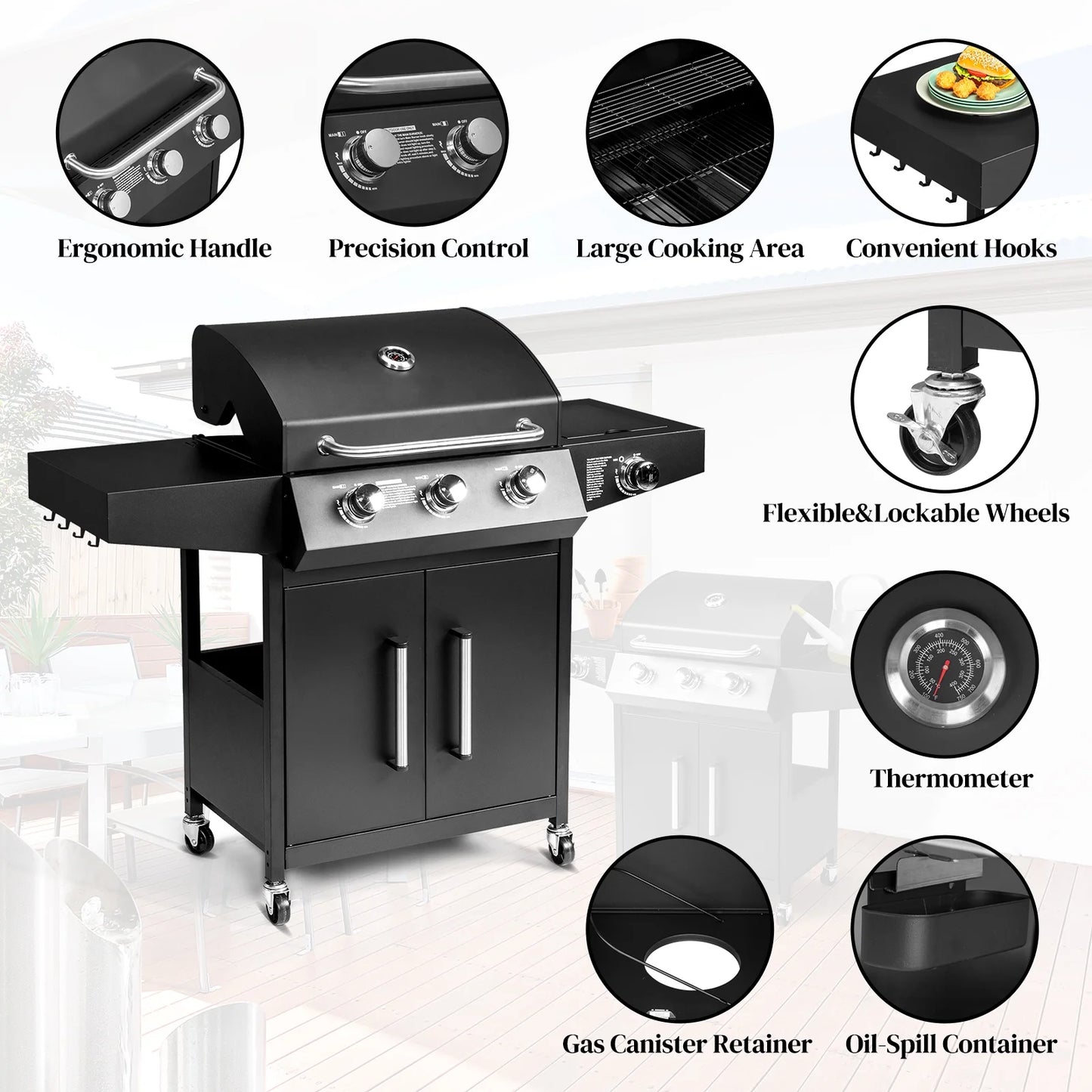 GoDecor Outdoor BBQ Propane Gas Grill for Barbecue Cooking 3 Burners with Side Burner,Patio Picnic Backyard, Outdoor Party,46000BTU
