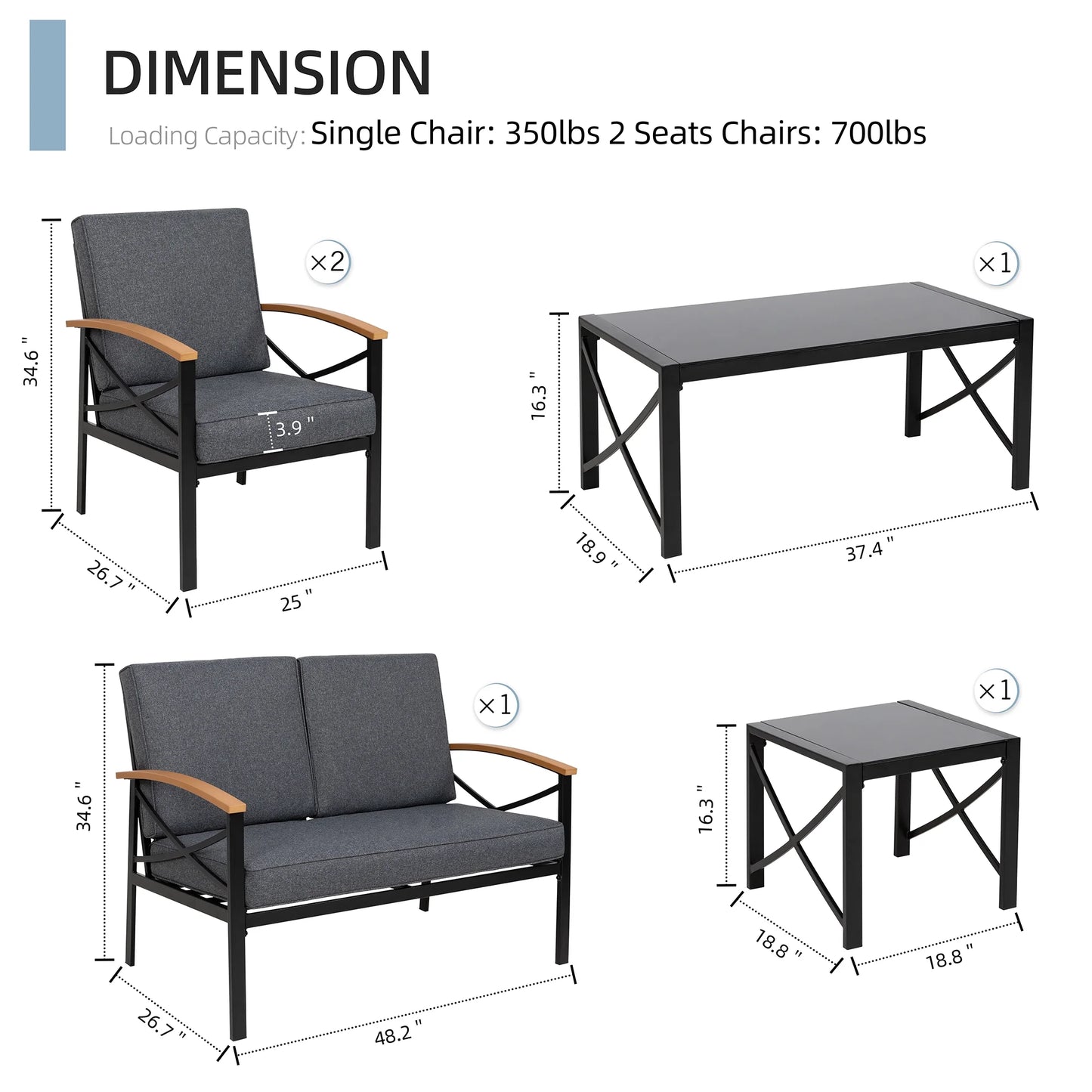 Walsunny Metal Outdoor Patio Furniture Sectional Set 2 Piece, Modern Outdoor Metal Loveseat Sofa Conversation Furniture Set