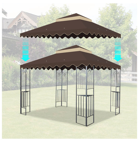 10x10 Ft Outdoor Patio Gazebo Replacement Canopy,Double Tiered Gazebo Tent Roof Top Cover Only wavy border(Frame Not Include)-BROWN