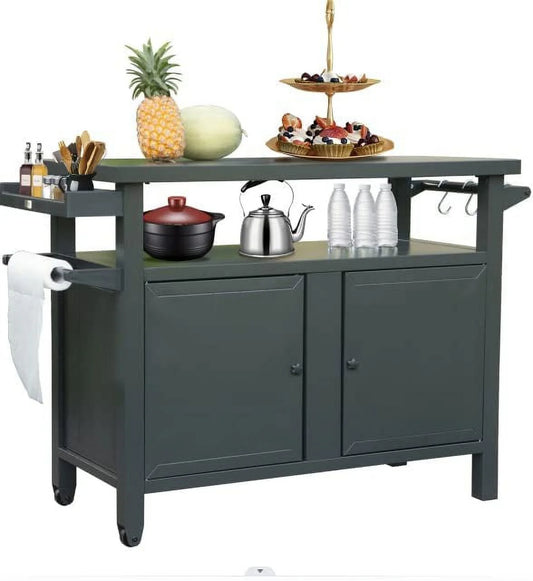 Domi Grill Carts Outdoor with Storage and Wheels, Whole Metal Portable Table and Storage Cabinet for BBQ,Deck,Patio,Backyard(Dark Grey,L45x W20.31x H35.51 Inch)