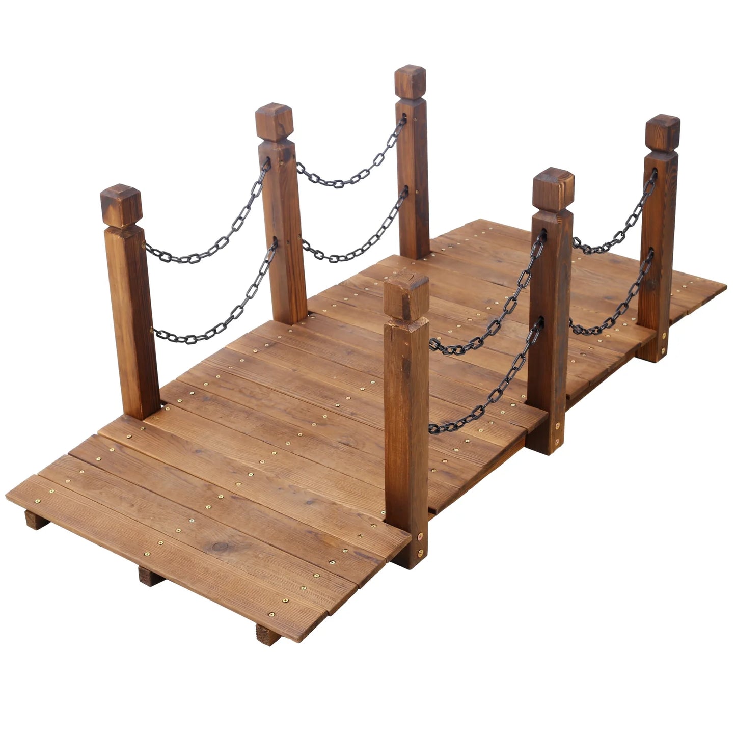 5 FT Wooden Garden Bridge, Stained Wood Arc Footbridge with Chain Railings, Outdoor Lawn Pond Bridge for Garden, Yard, Patio, Courtyard, Farm, Creek, Brown