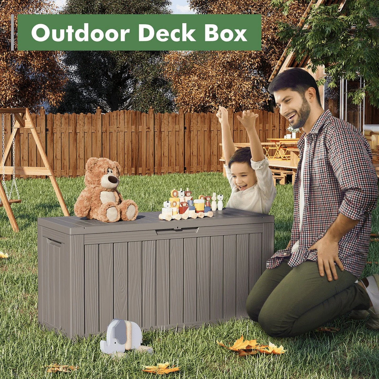 LHBcraft 150 Gallon Deck Box, Outdoor Storage Box, Large Waterproof Resin Indoor Storage Box with Built-in Steel Beams for Patio, Cushions, Pool Supplies