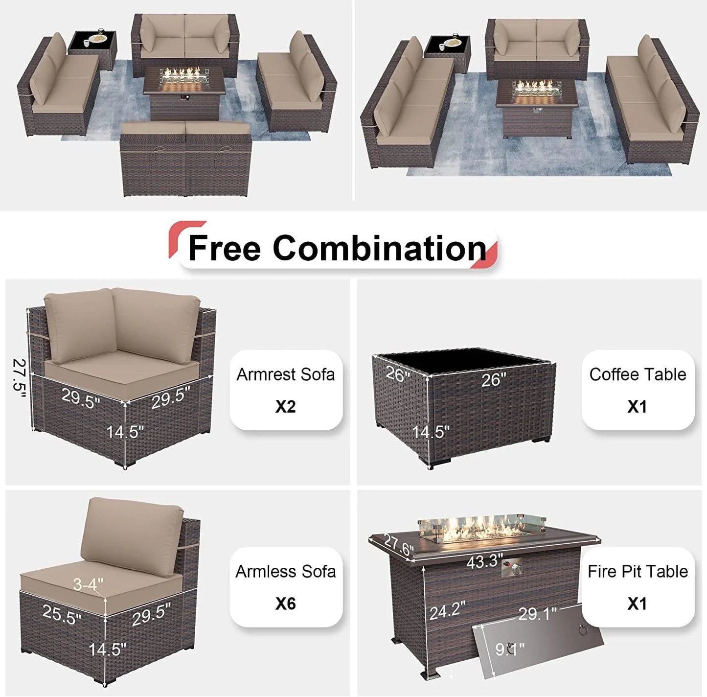 Kullavik Patio Furniture set Sectional Sofa 10 Pieces PE Rattan Wicker Patio Conversation Set w/43" Gas Fire Pit Table, Outdoor Furniture with 55000 BTU Propane Fire Pit,Sand