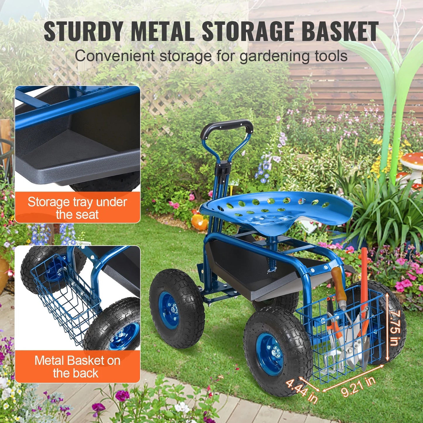 KFFKFF Garden Cart Rolling Workseat with Wheels, Gardening Stool for Planting, 360 Degree Swivel Seat, Wagon Scooter with Steering Handle & Utility Tool Tray, Use for Patio, Yard, and Outdoors