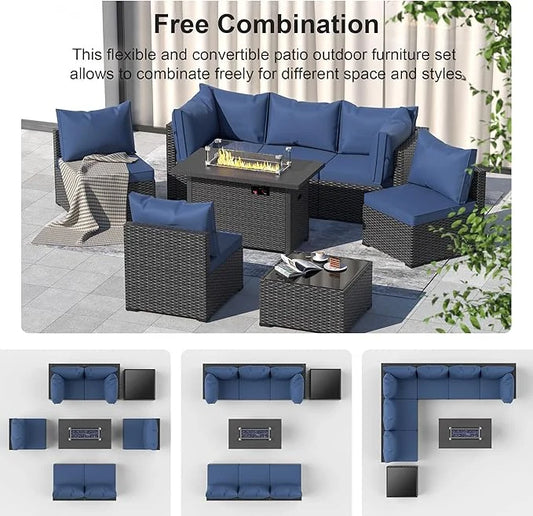 8 Piece Patio Furniture Set with 42" Propane Gas Fire Pit Table with Coffee Table,Blue